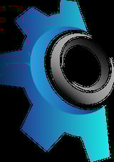 Blue gear with metallic circular center ring on black background