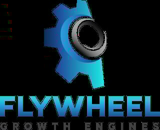 Flywheel Growth Engines logo featuring a blue gear with a circular center and turquoise text