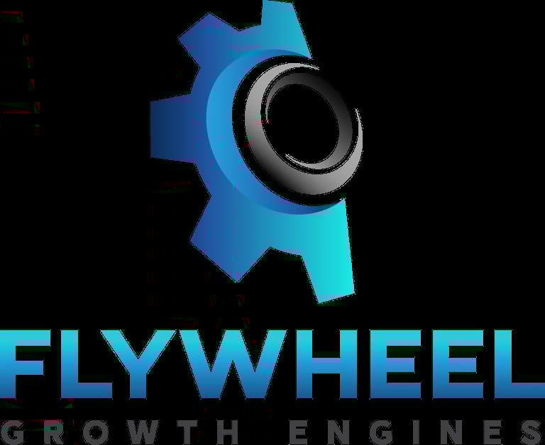 Flywheel Growth Engines logo featuring a blue gear with a circular center and turquoise text