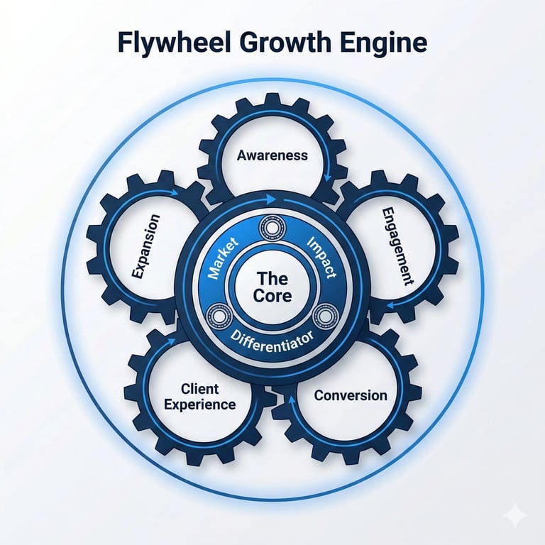 Diagram showing Flywheel Growth Engine with The Core at center and five interconnected gears labeled Awareness, Engagement, Conversion, Client Experience, and Extension